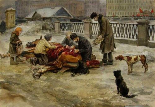Голодные годы в Петрограде. Разделка павшей лошади. 1919.